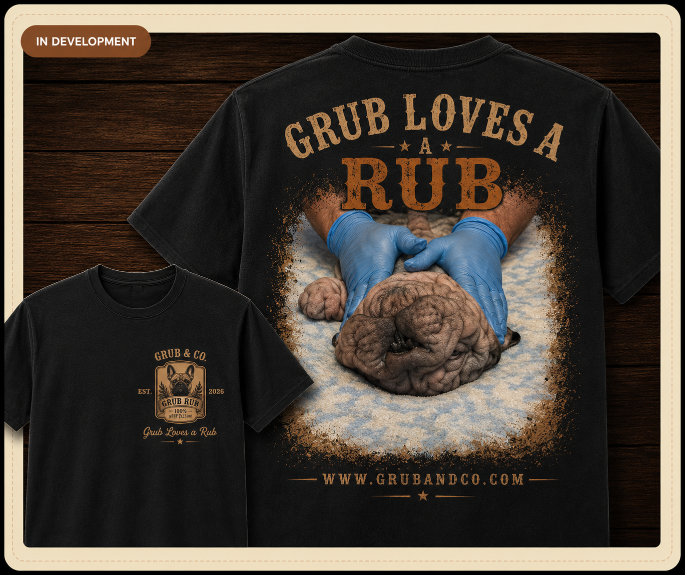 Grub Loves a Rub T-shirt showing Grub getting a rub